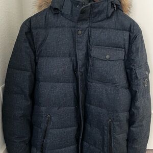 Nautica Navy Faux Fur Puffer Jacket With Removable Hood